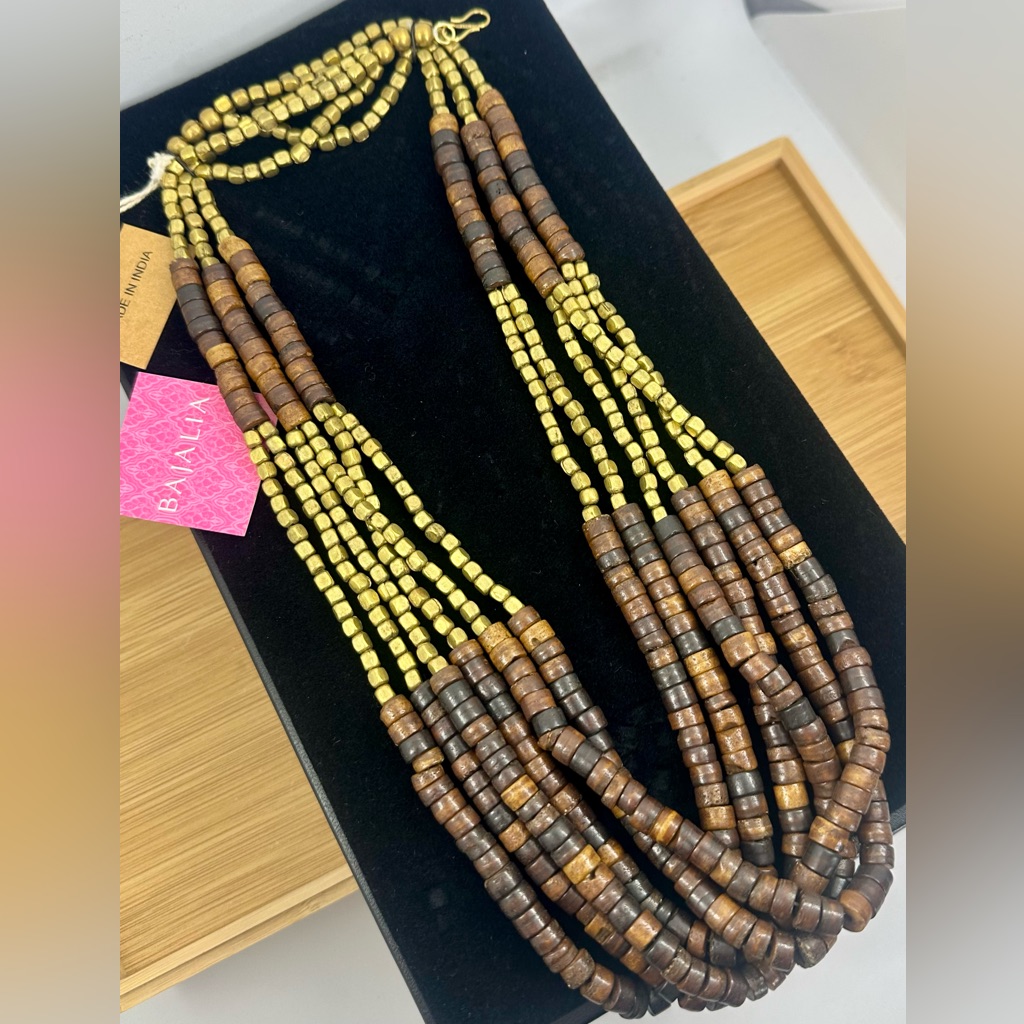 Nwt - Bajalia Wooden & Brass/Gold-Toned Beaded Layered Statement Necklace
